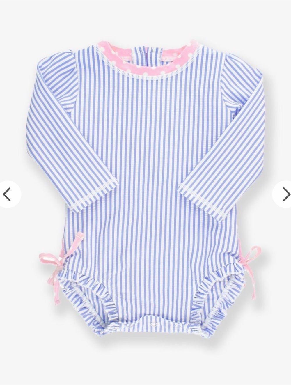 Ruffle Butts Blue and White Striped Long-Sleeve Swim One-Piece with Pink Trim